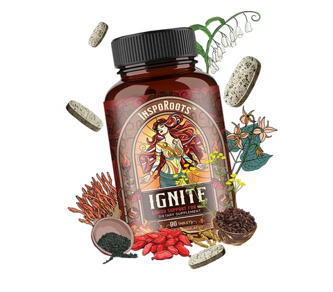 Ignite by InspoRoots® | Herbal Energy Support Supplement for Women, 90 Tablets bottle with its herbs
