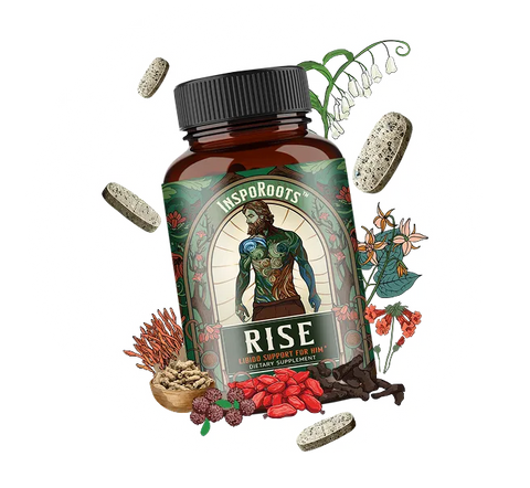 Rise by InspoRoots® | Herbal Men's Vitality Supplement, 90 Tablets bottle with its herbs