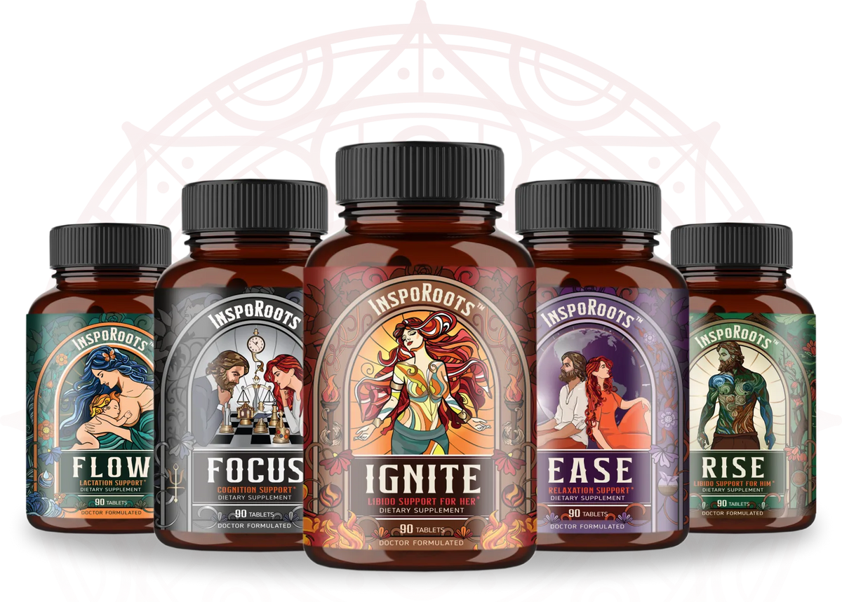The five InspoRoots blends: Flow, Focus, Ignite, Ease and Rise